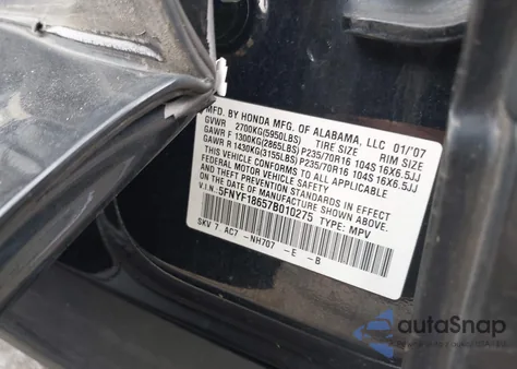 2007 Honda Pilot Ex-L z USA, uszkodzony, nr VIN 5FNYF18657B010275